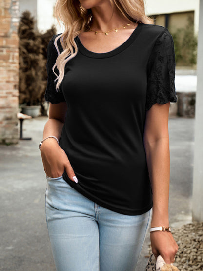 Blouses- Crew Neck Blouse T-Shirt with Lace Sleeves for Women- - Chuzko Women Clothing