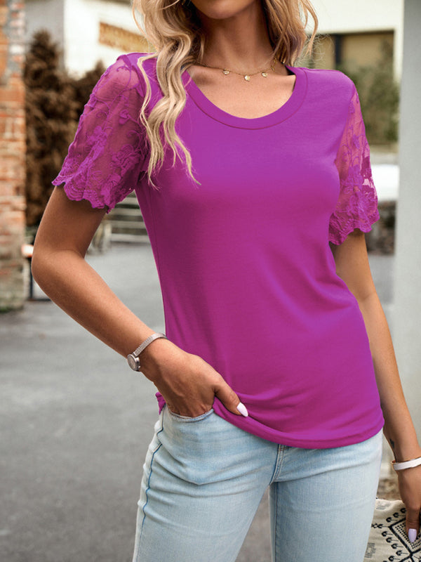 Blouses- Crew Neck Blouse T-Shirt with Lace Sleeves for Women- - Chuzko Women Clothing