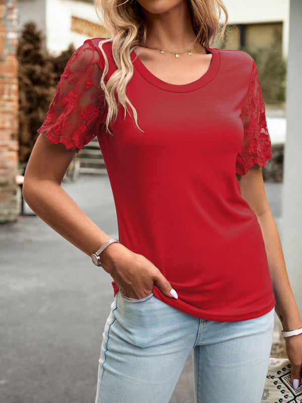 Blouses- Crew Neck Blouse T-Shirt with Lace Sleeves for Women- Red- Chuzko Women Clothing