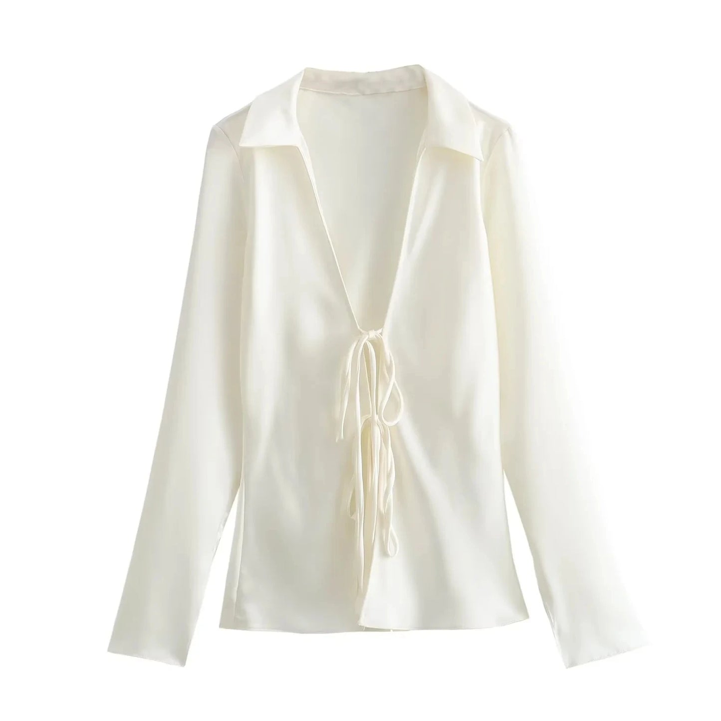 Blouses- Elegant Satin Silk Tie-Up Blouse with Long Sleeves- White- Chuzko Women Clothing