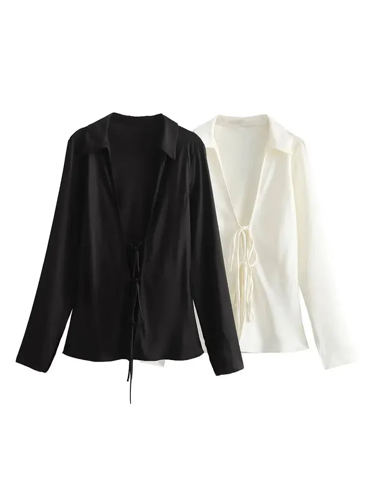 Blouses- Elegant Satin Silk Tie-Up Blouse with Long Sleeves- - Chuzko Women Clothing