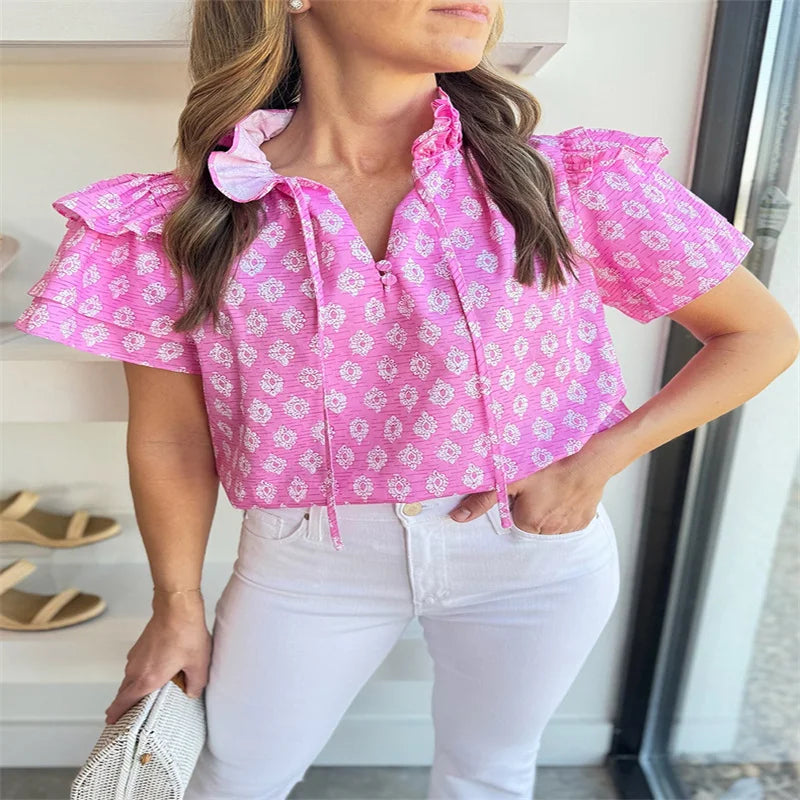 Blouses- Floral Casual Pink Ruffle Blouse for Weekend Fun- - Chuzko Women Clothing