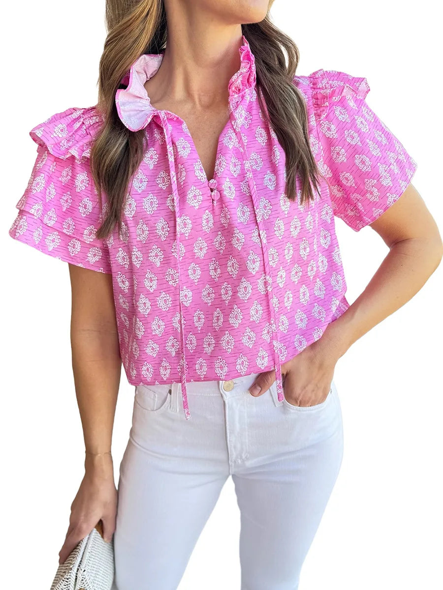 Blouses- Floral Casual Pink Ruffle Blouse for Weekend Fun- - Chuzko Women Clothing