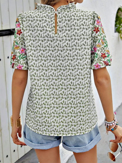 Blouses- Floral Frill Neck Blouse with Short Sleeves for Weekend Outings- - Chuzko Women Clothing