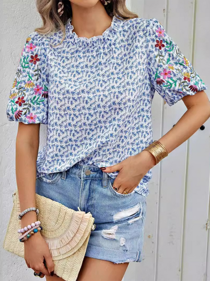Blouses- Floral Frill Neck Blouse with Short Sleeves for Weekend Outings- Blue- Chuzko Women Clothing