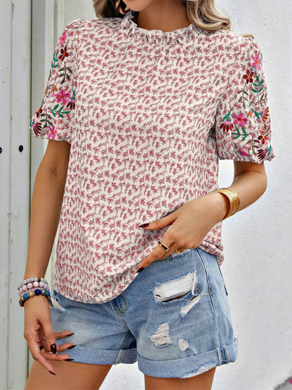 Blouses- Floral Frill Neck Blouse with Short Sleeves for Weekend Outings- - Chuzko Women Clothing