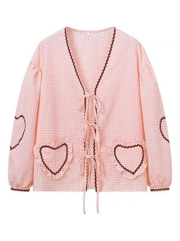 Blouses- Gingham Women's Vibrant Patchwork Puff Sleeve Top Blouse- Pink- Chuzko Women Clothing