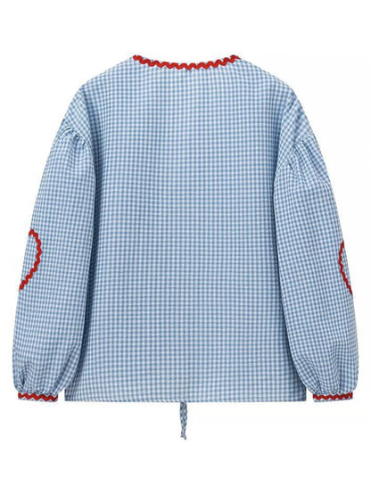Blouses- Gingham Women's Vibrant Patchwork Puff Sleeve Top Blouse- - Chuzko Women Clothing