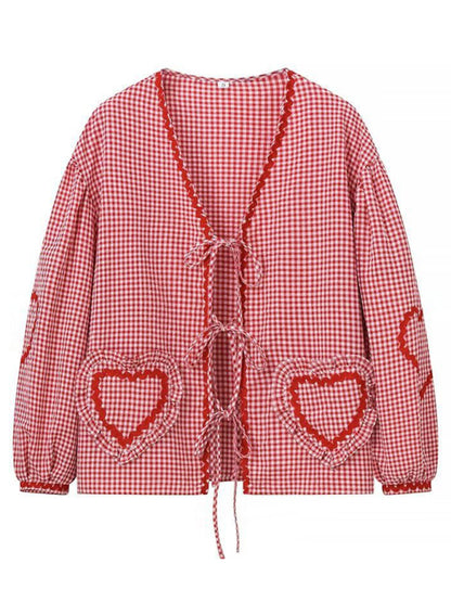 Blouses- Gingham Women's Vibrant Patchwork Puff Sleeve Top Blouse- - Chuzko Women Clothing