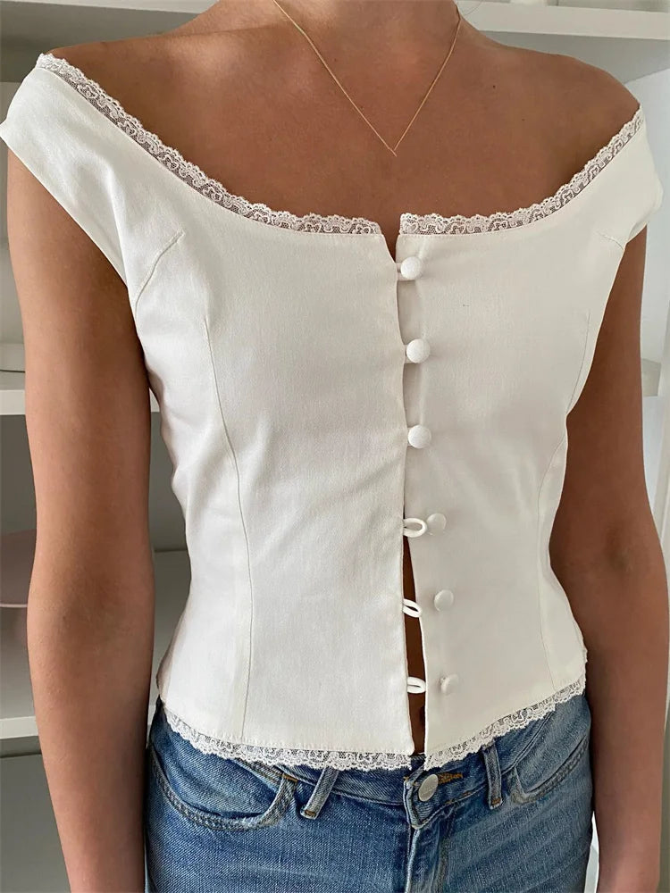 Blouses- Lace Trim Sleeveless Blouse - Scoop Neck Button-Up Top- White- Chuzko Women Clothing