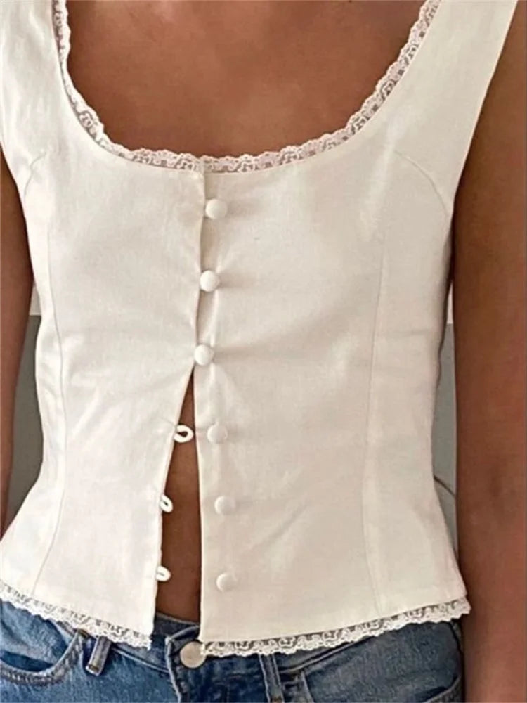 Blouses- Lace Trim Sleeveless Blouse - Scoop Neck Button-Up Top- - Chuzko Women Clothing