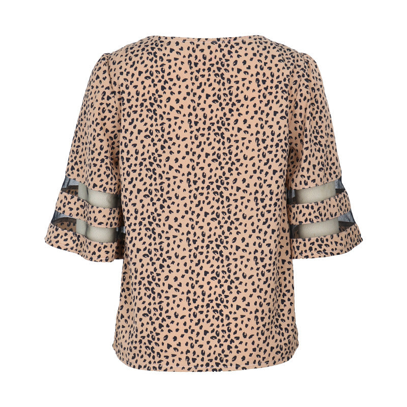 Blouses- Leopard Print Blouse - Women's V-Neck 3/4 Sleeves Top with Mesh Accents- - Chuzko Women Clothing