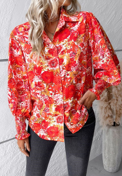 Langarm-Bluse mit Blumendruck | Elegantes Button-up-Hemd