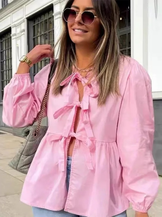 Blouses- Long Sleeve Lace-Up Blouse for Casual Outings- Pink- Chuzko Women Clothing