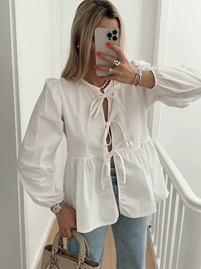 Blouses- Long Sleeve Lace-Up Blouse for Casual Outings- White- Chuzko Women Clothing