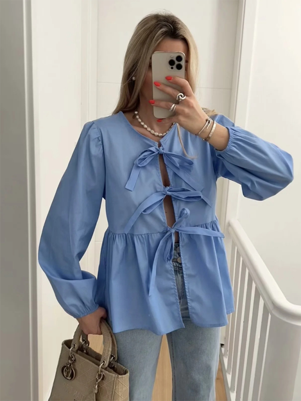 Blouses- Long Sleeve Lace-Up Blouse for Casual Outings- Blue- Chuzko Women Clothing