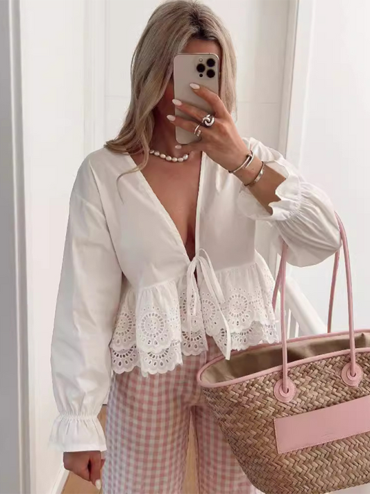 Blouses- Long Sleeves Lace-Up Blouse with Embroidered Accents- White- Chuzko Women Clothing