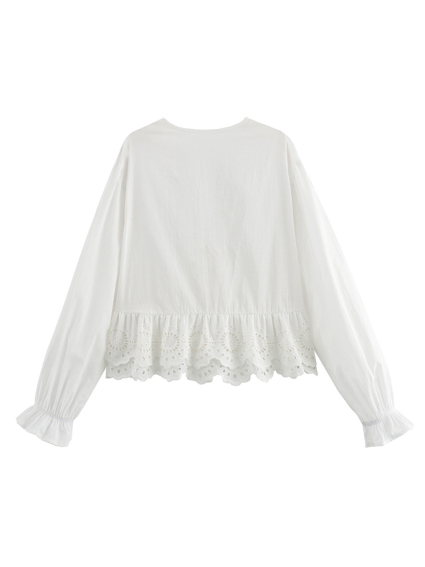 Blouses- Long Sleeves Lace-Up Blouse with Embroidered Accents- - Chuzko Women Clothing