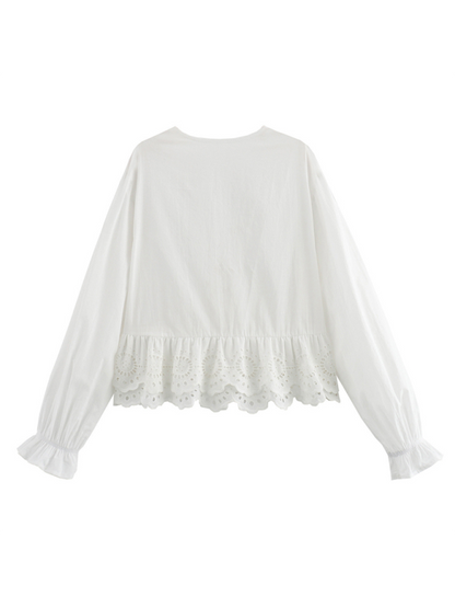 Blouses- Long Sleeves Lace-Up Blouse with Embroidered Accents- - Chuzko Women Clothing