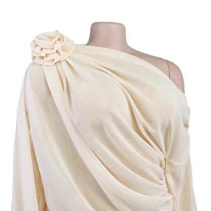 Loose Chiffon One-Shoulder Blouse with Flower Applique for Women