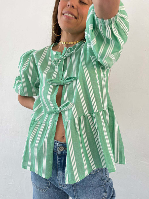 Blouses- Lovely in Stripes Women's Tie-Up Puff Sleeves Blouse with Romantic Touch- Green- Chuzko Women Clothing