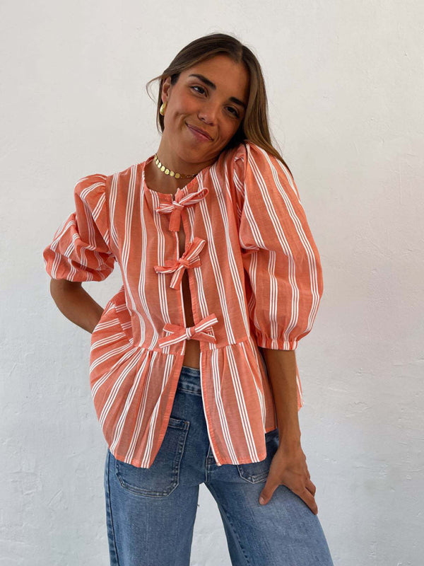 Blouses- Lovely in Stripes Women's Tie-Up Puff Sleeves Blouse with Romantic Touch- Orange- Chuzko Women Clothing
