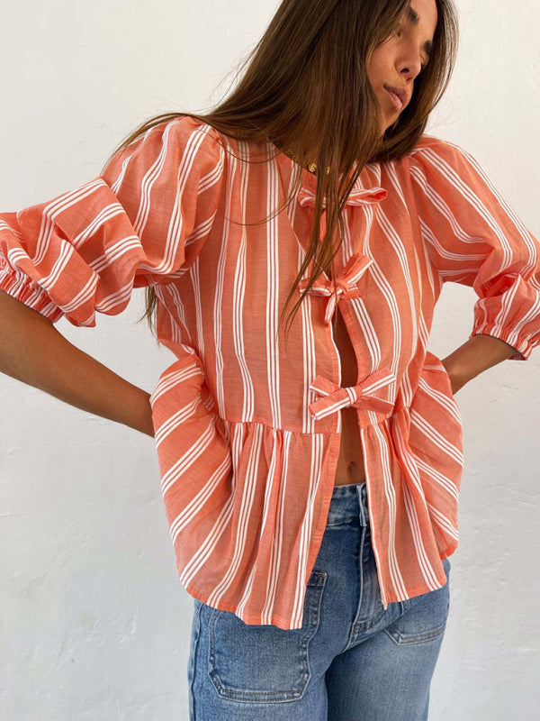 Blouses- Lovely in Stripes Women's Tie-Up Puff Sleeves Blouse with Romantic Touch- - Chuzko Women Clothing