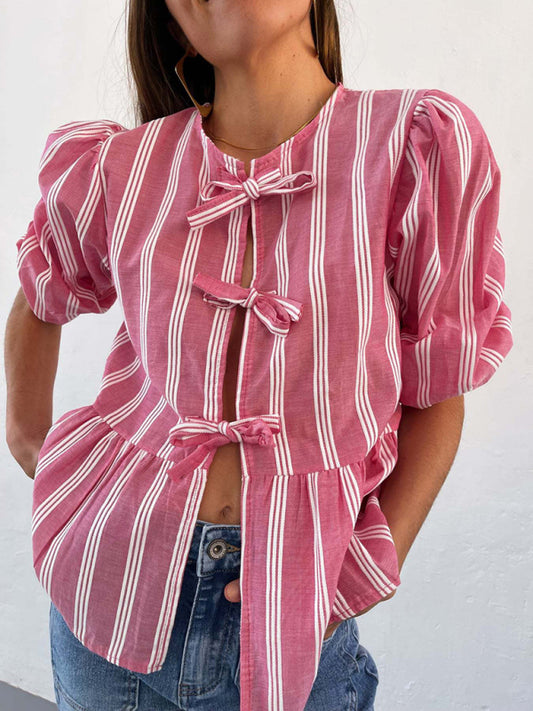 Blouses- Lovely in Stripes Women's Tie-Up Puff Sleeves Blouse with Romantic Touch- Red- Chuzko Women Clothing