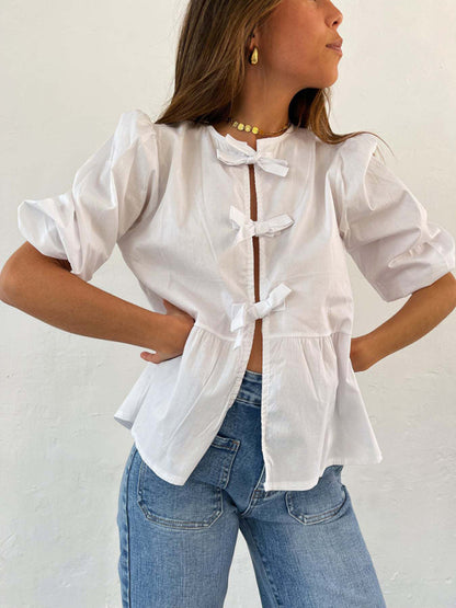 Blouses- Lovely in Stripes Women's Tie-Up Puff Sleeves Blouse with Romantic Touch- White- Chuzko Women Clothing