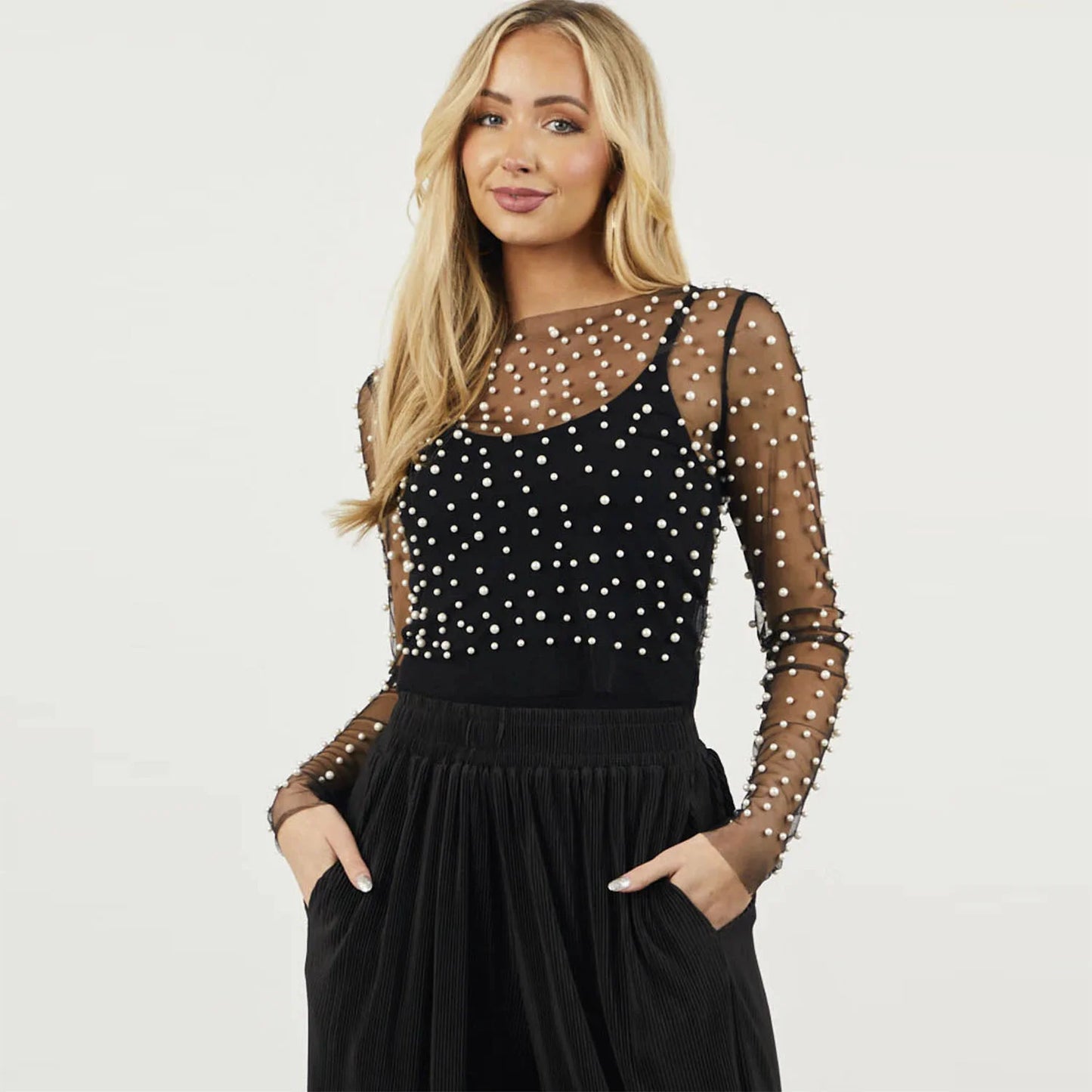 Blouses- Pearl-Studded Sheer Top for a Trendy Night Out- Black- Chuzko Women Clothing