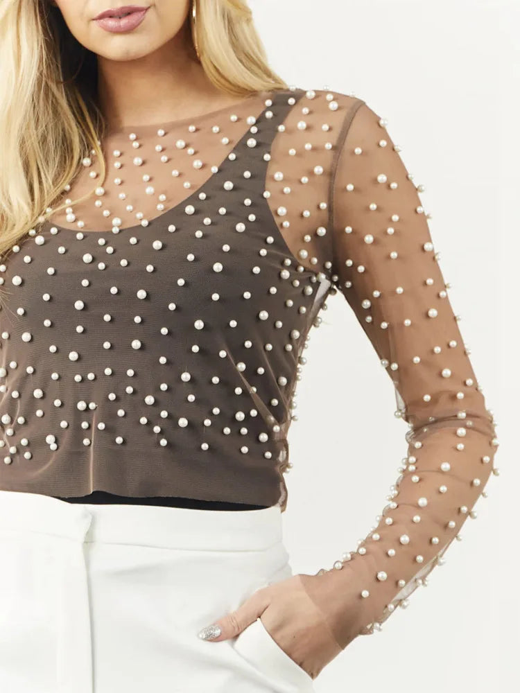 Blouses- Pearl-Studded Sheer Top for a Trendy Night Out- - Chuzko Women Clothing