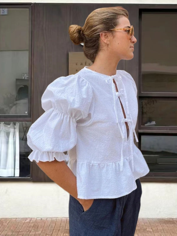 Romantische karierte Bluse mit Laternenärmeln aus Gingham-Baumwolle für Damen