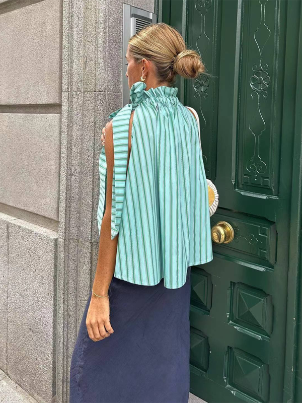Sleeveless Ruffle Collar Blouse - Fancy Stripe with Bowknot Side Top