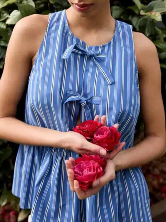 Blouses- Stripe Print Tie-Up Peplum Blouse for Women- Blue- Chuzko Women Clothing