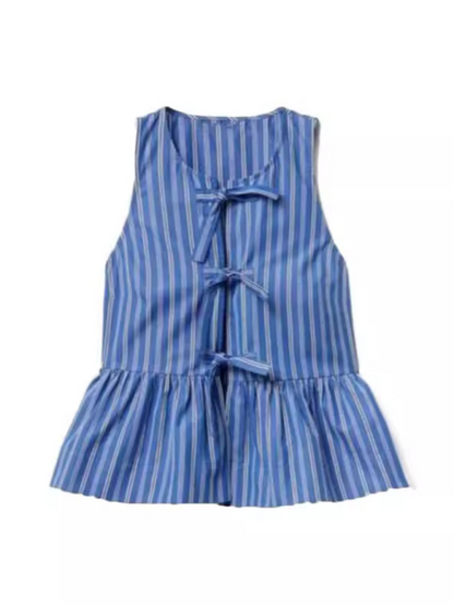 Blouses- Stripe Print Tie-Up Peplum Blouse for Women- - Chuzko Women Clothing