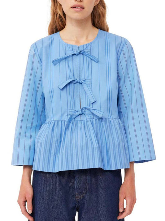 Stripes Long Sleeve Patchwork Tie-Up Blouse for Women