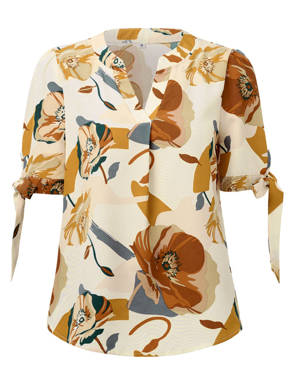 Summer Women's Tie-Up Short Sleeve Blouse with Abstract Print