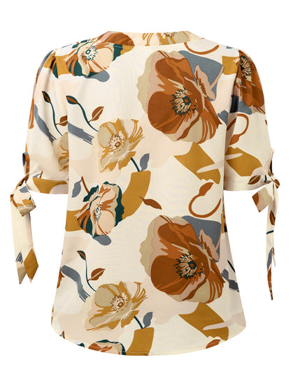 Sommerliche Damen Bluse zum Binden mit kurzen Ärmeln und abstraktem Print