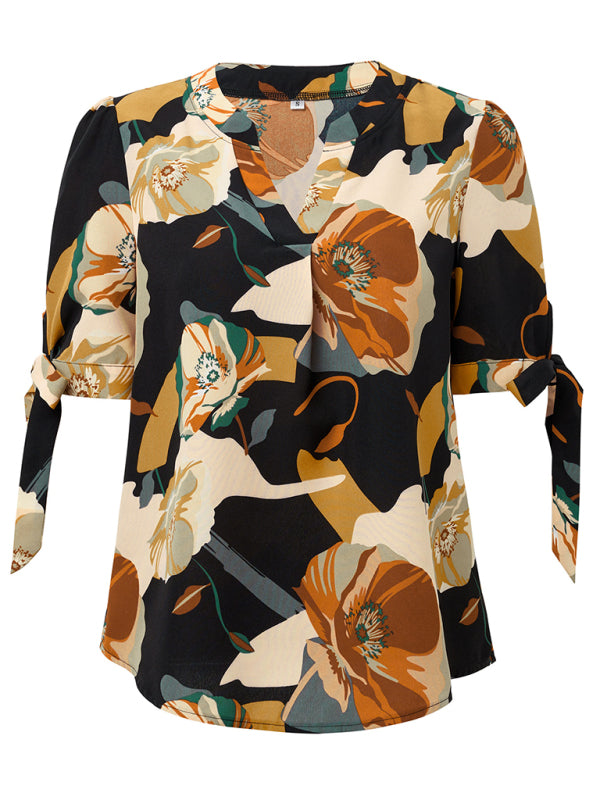 Summer Women's Tie-Up Short Sleeve Blouse with Abstract Print