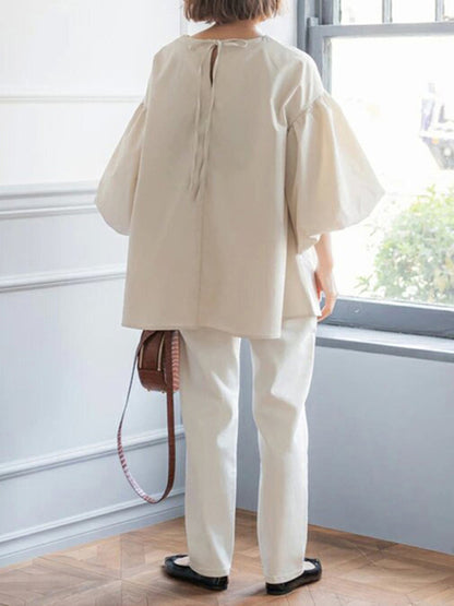 Lockere Bluse im Vintage-Stil mit Ballonärmeln aus Baumwolle