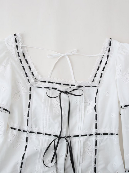 Blouses- Vintage Square Neck Blouse with Embroidered Balloon Sleeves- - Chuzko Women Clothing