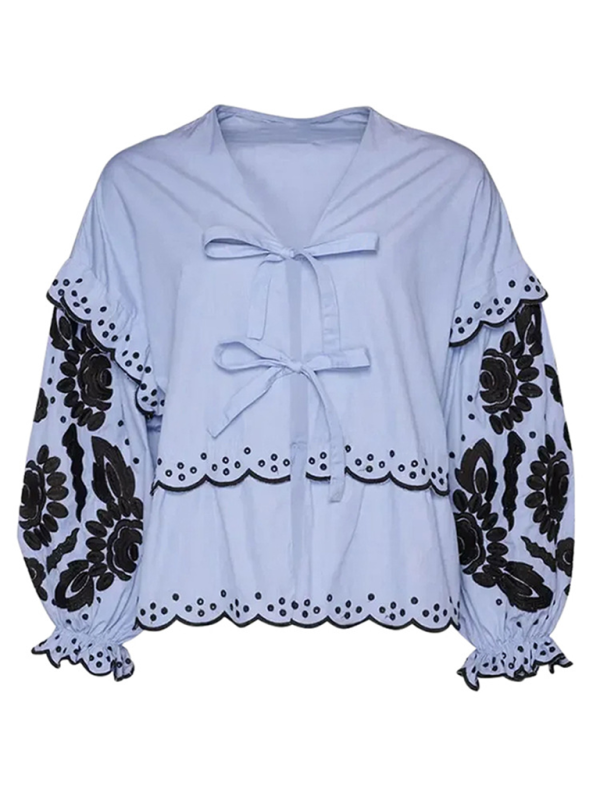 Blouses- Vintage Women's Long Sleeves Lace-Up Blouse with Contrast Embroidery- - Chuzko Women Clothing