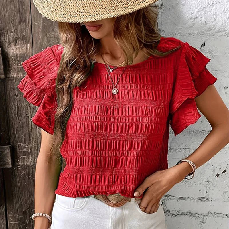 Blouses- Women Textured Stripe Ruffle-Sleeve Blouse for Any Occasion- Red- Chuzko Women Clothing