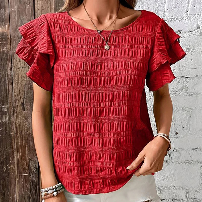 Blouses- Women Textured Stripe Ruffle-Sleeve Blouse for Any Occasion- - Chuzko Women Clothing
