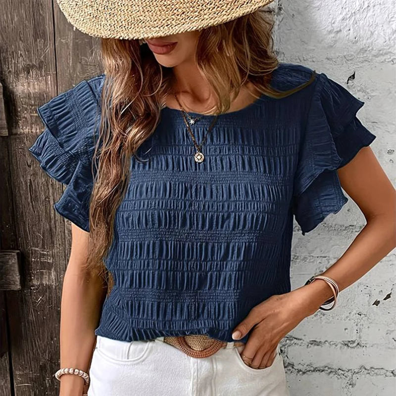 Blouses- Women Textured Stripe Ruffle-Sleeve Blouse for Any Occasion- Navy blue- Chuzko Women Clothing