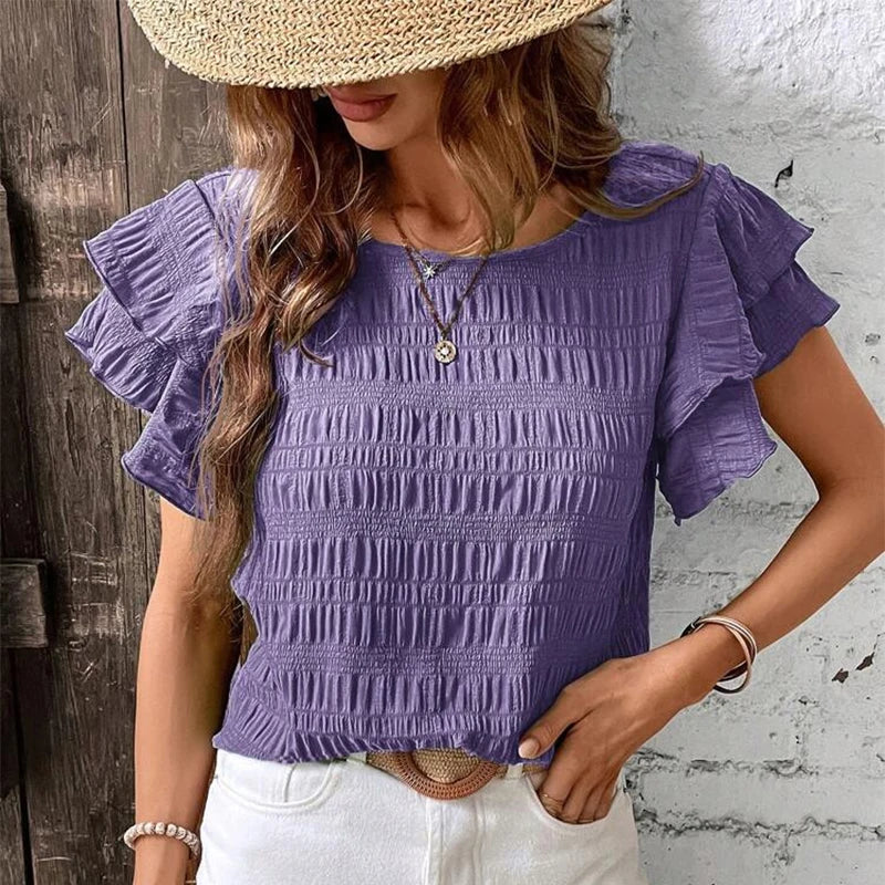 Blouses- Women Textured Stripe Ruffle-Sleeve Blouse for Any Occasion- Purple- Chuzko Women Clothing