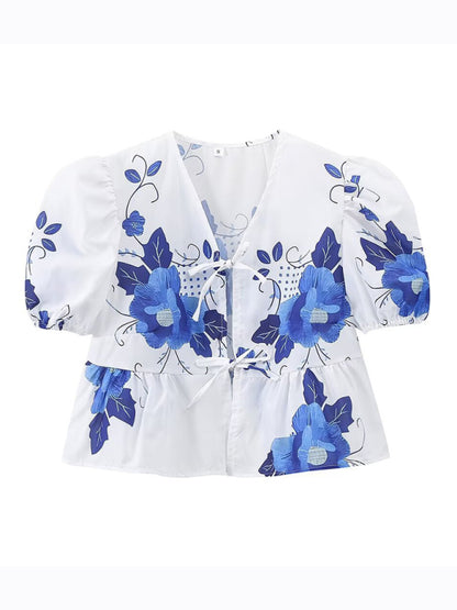 Blouses- Women's Floral Tie-Up Puff Sleeve Blouse- - Chuzko Women Clothing