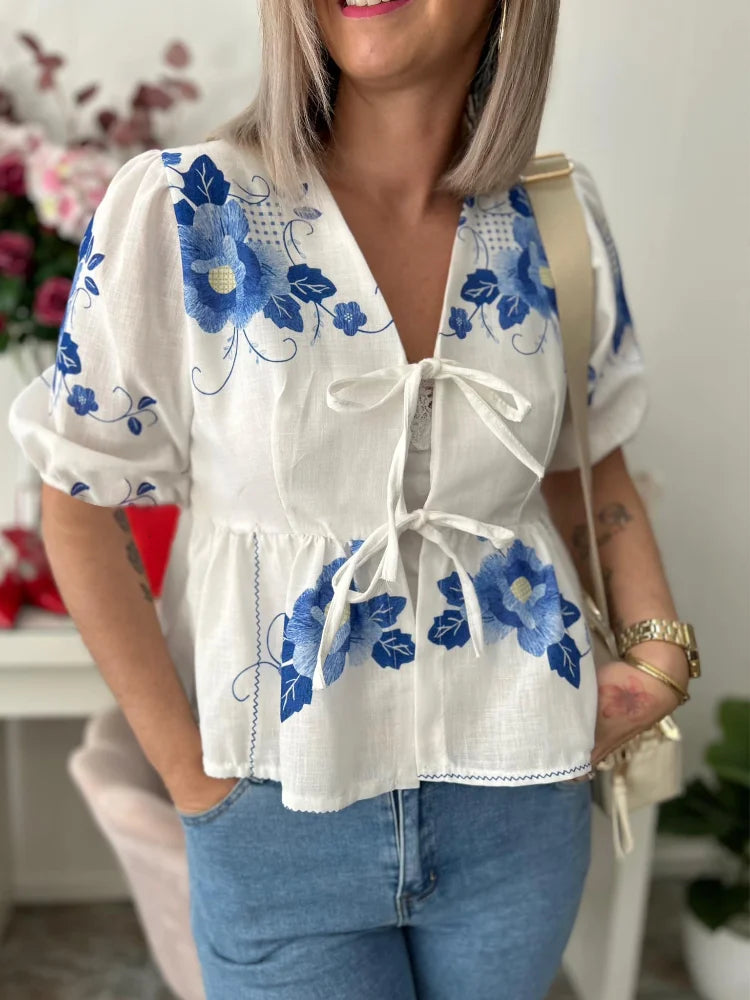 Blouses- Women's Floral Tie-Up Puff Sleeve Peplum Blouse for Summer- - Chuzko Women Clothing
