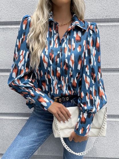 Blouses- Women's Jacquard Button-Up Shirt Blouse with Balloon Sleeves- - Chuzko Women Clothing