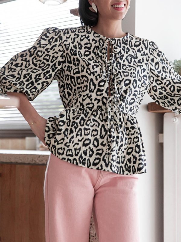 Blouses- Women's Leopard Print Puff Sleeves Peplum Blouse- - Chuzko Women Clothing